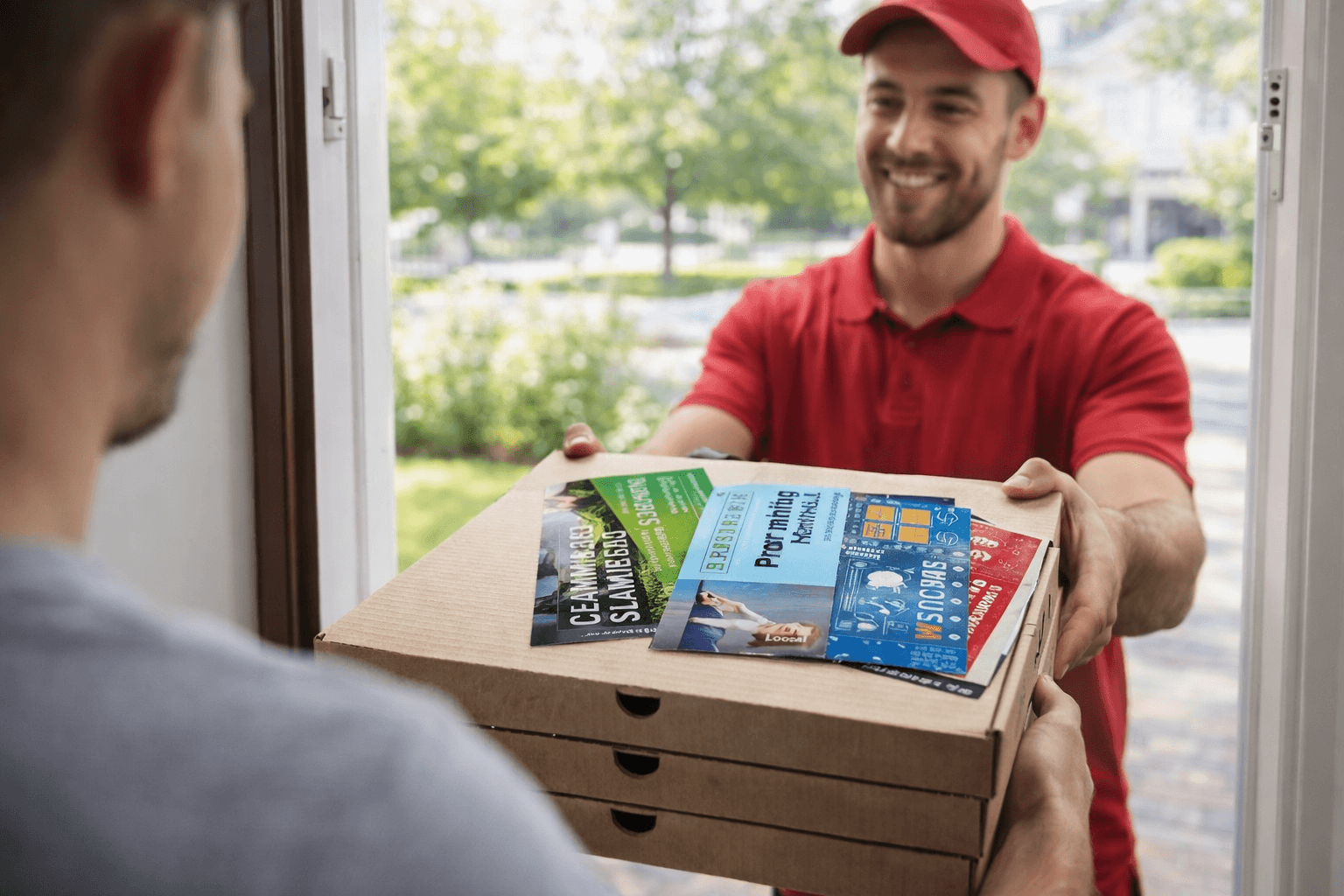 Pizza-Lieferant übergibt Pizzakarton an der Haustür